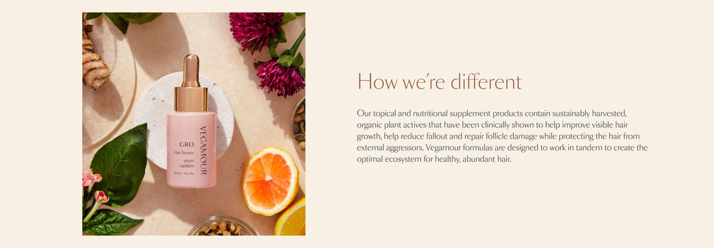 How we're different - Our topical and nutritional supplement products contain sustainably harvested organic plant actives that have been clinically shown to help improve visible hair growth, help reduce fallout and repair follicle damage while protecting the hair from external aggressors. Vegamour formulas are designed to work in tandem to create the optimal ecosystem for healthy, abundant hair.