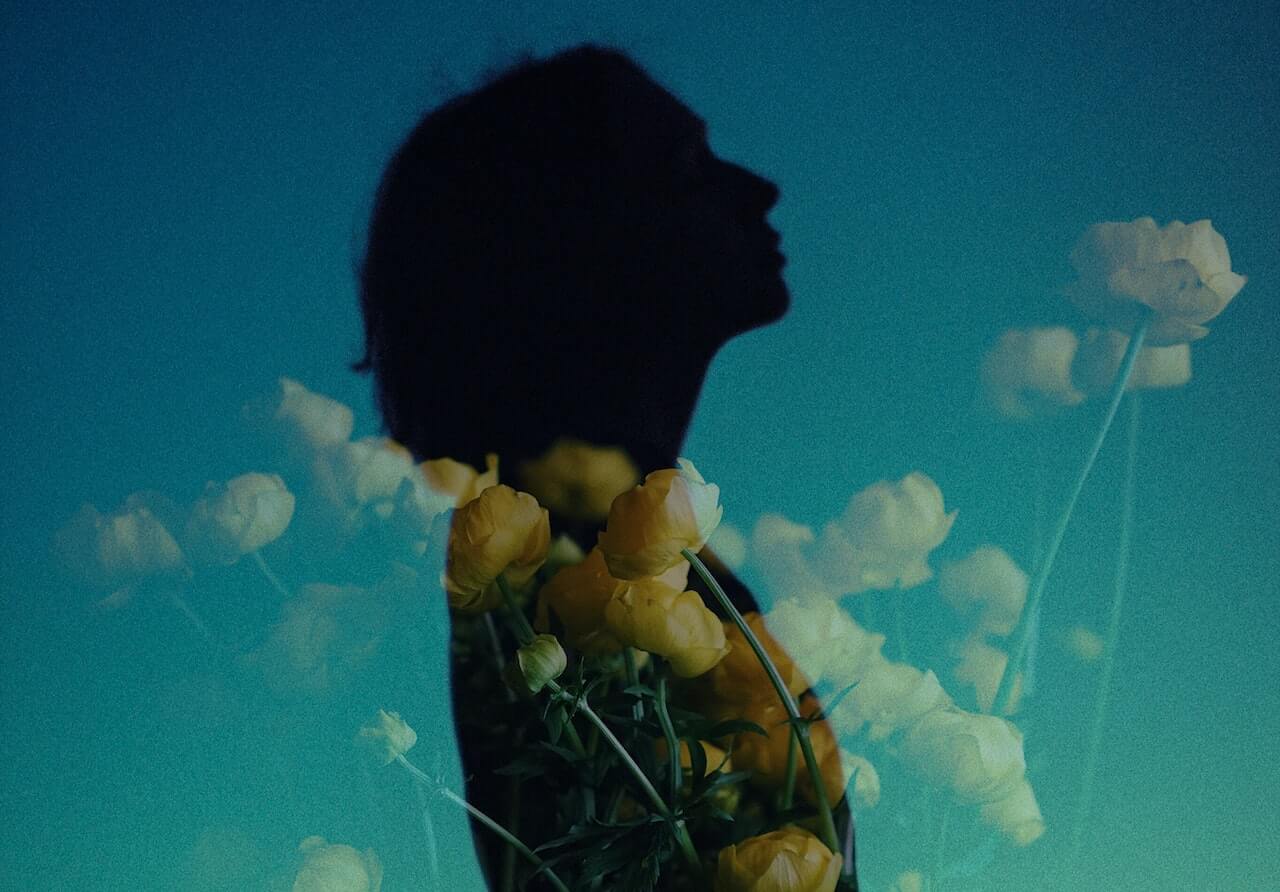 Woman's shadow and yellow flowers