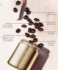Delays gray hair, Adds collagen-rich shine, Reduces shedding, Support healthy hair roots and thickness, Relieves stress, Supports healthy sleep
